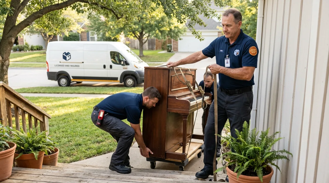 Licensed piano movers securing grand piano in Deer Park, CA