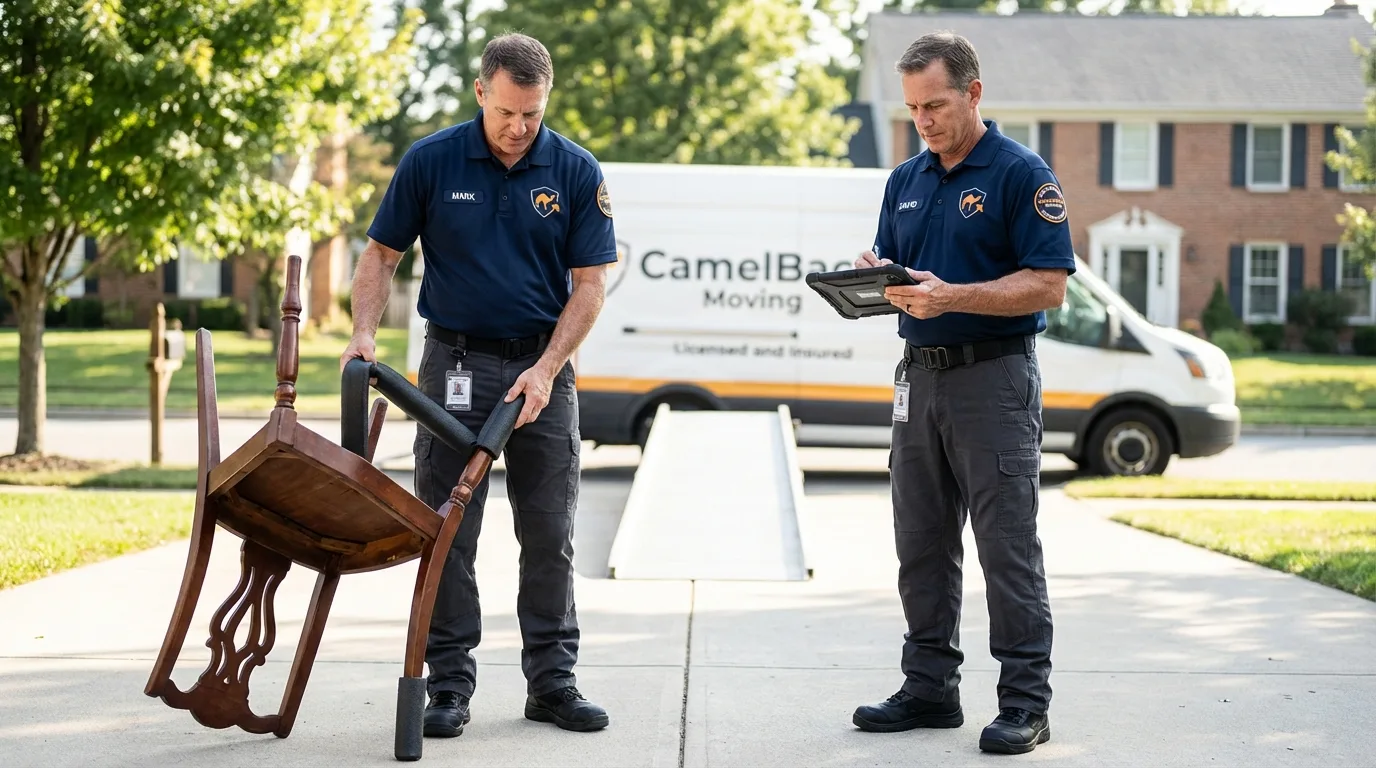 Movers inspecting furniture for damage prevention before loading in Deer Park, CA